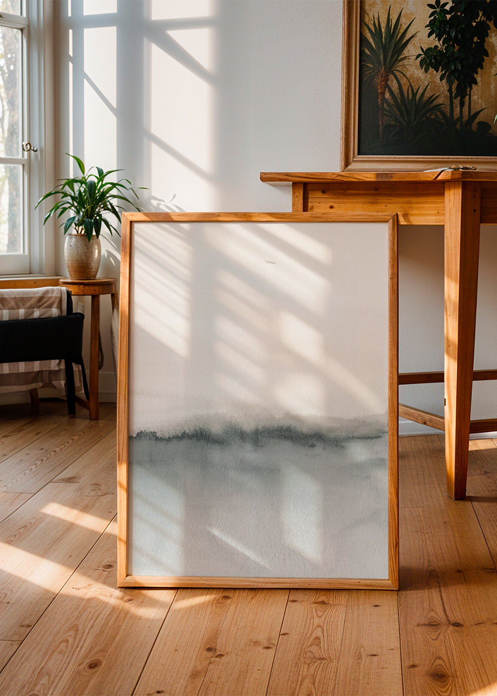 Minimal akvarel landskab i gråtoner