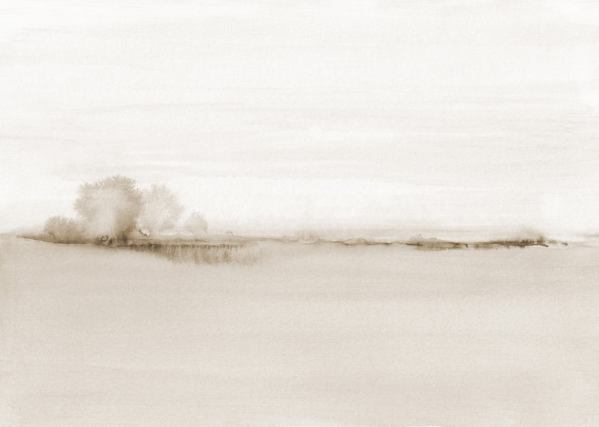 Landskab akvarel i sepia med blød horisont