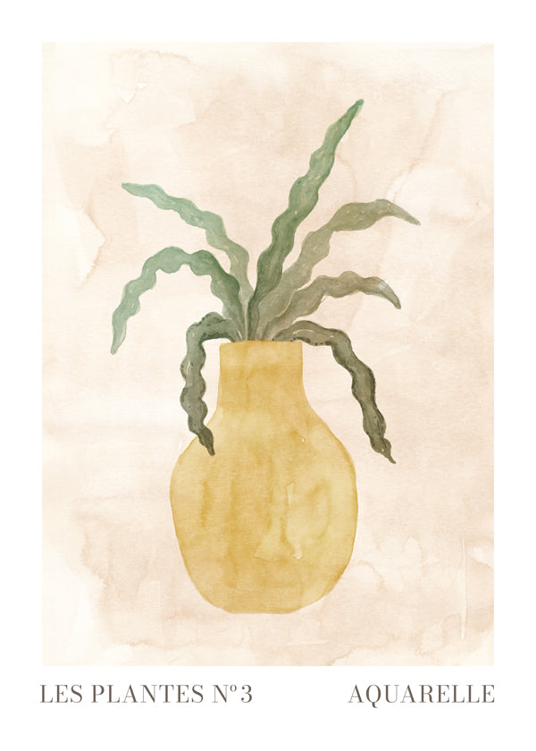 Botanisk plakat: gul vase med bølgede blade