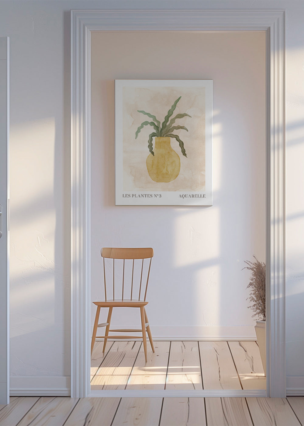 Botanisk plakat: gul vase med bølgede blade