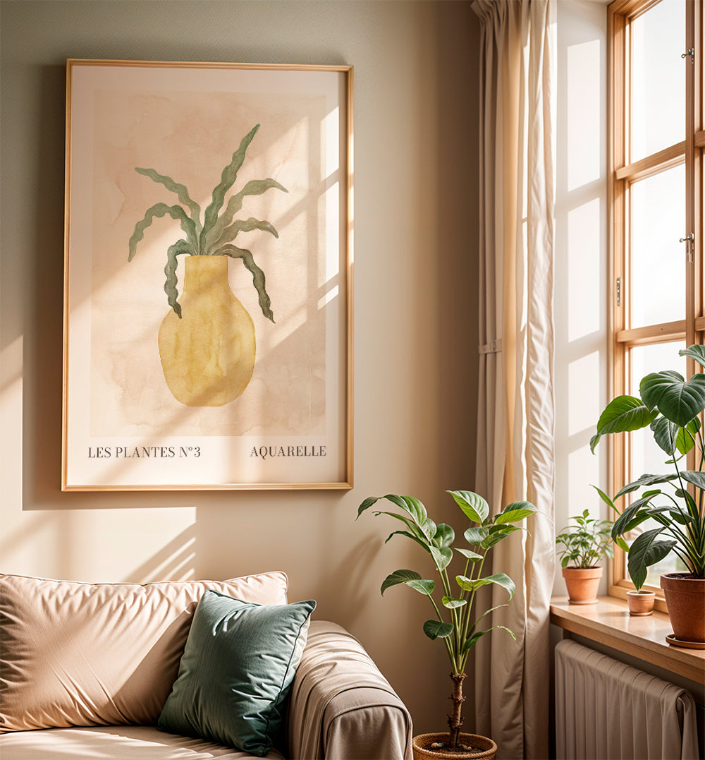 Botanisk plakat: gul vase med bølgede blade