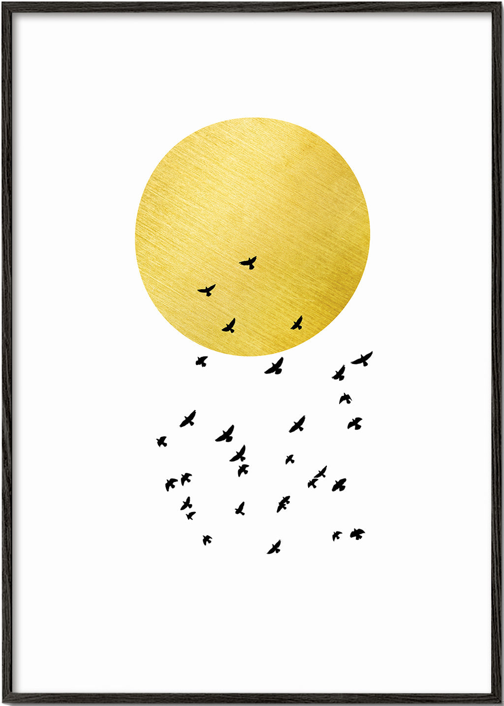 Minimalistisk plakat med gylden sol og flok