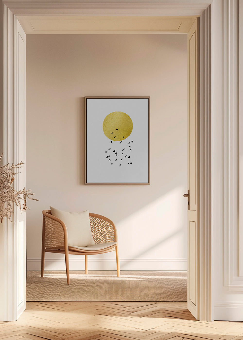 Minimalistisk plakat med gylden sol og flok