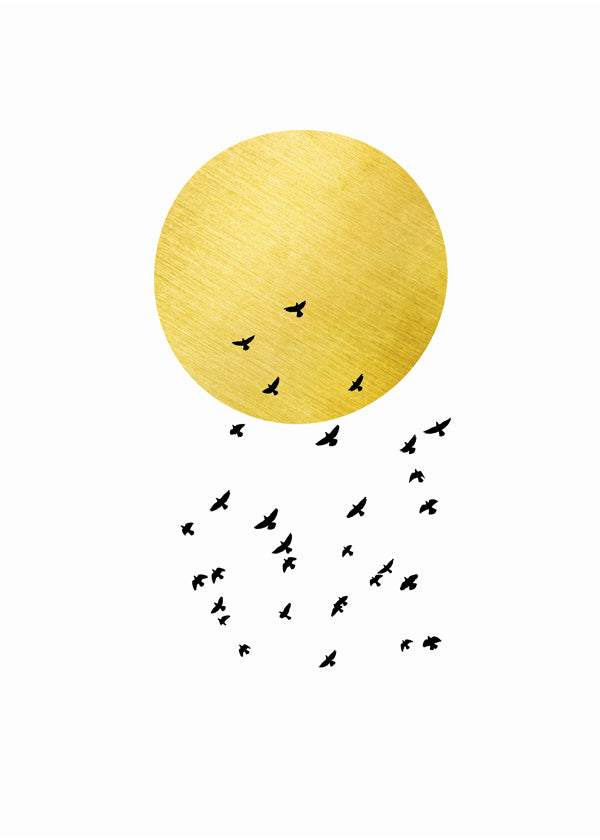 Minimalistisk plakat med gylden sol og flok