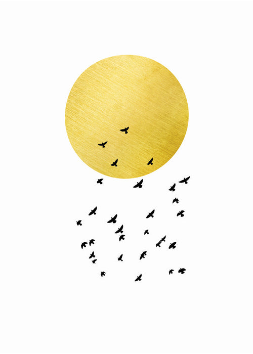 Minimalistisk plakat med gylden sol og flok