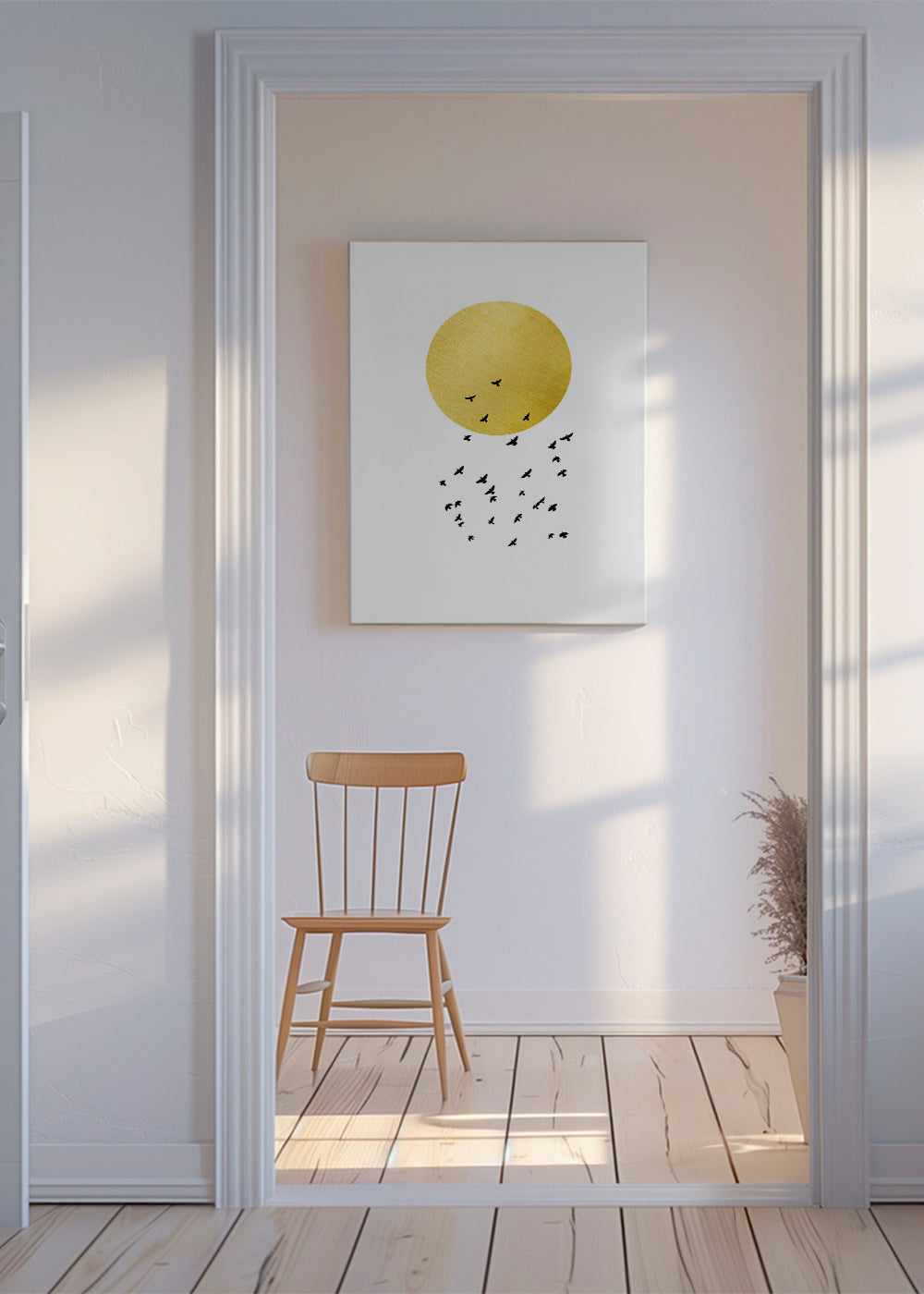 Minimalistisk plakat med gylden sol og flok