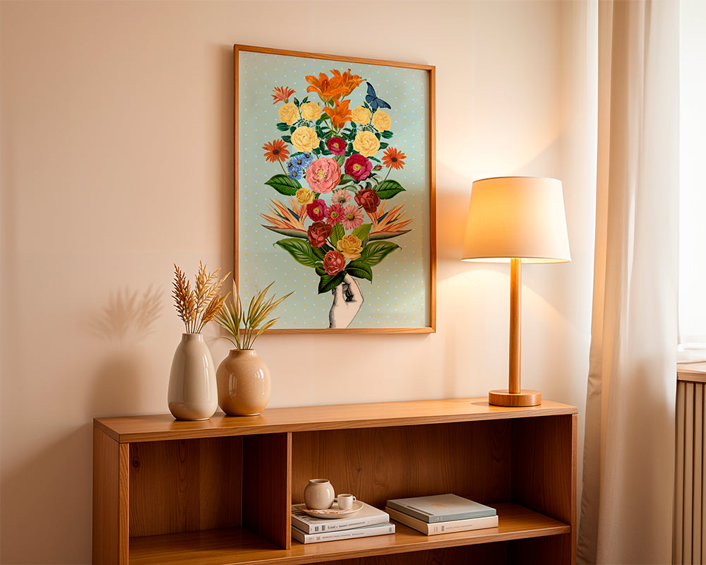 Botanisk plakat farverig buket på blå baggrund