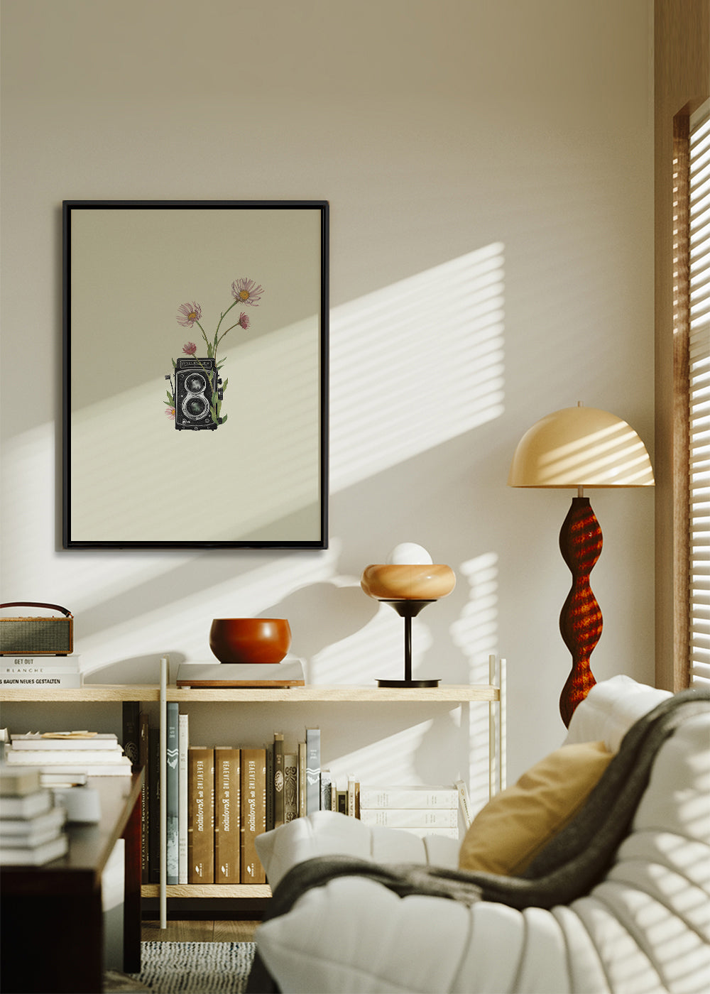 Botanisk plakat med vintage-kamera og tusindfryd