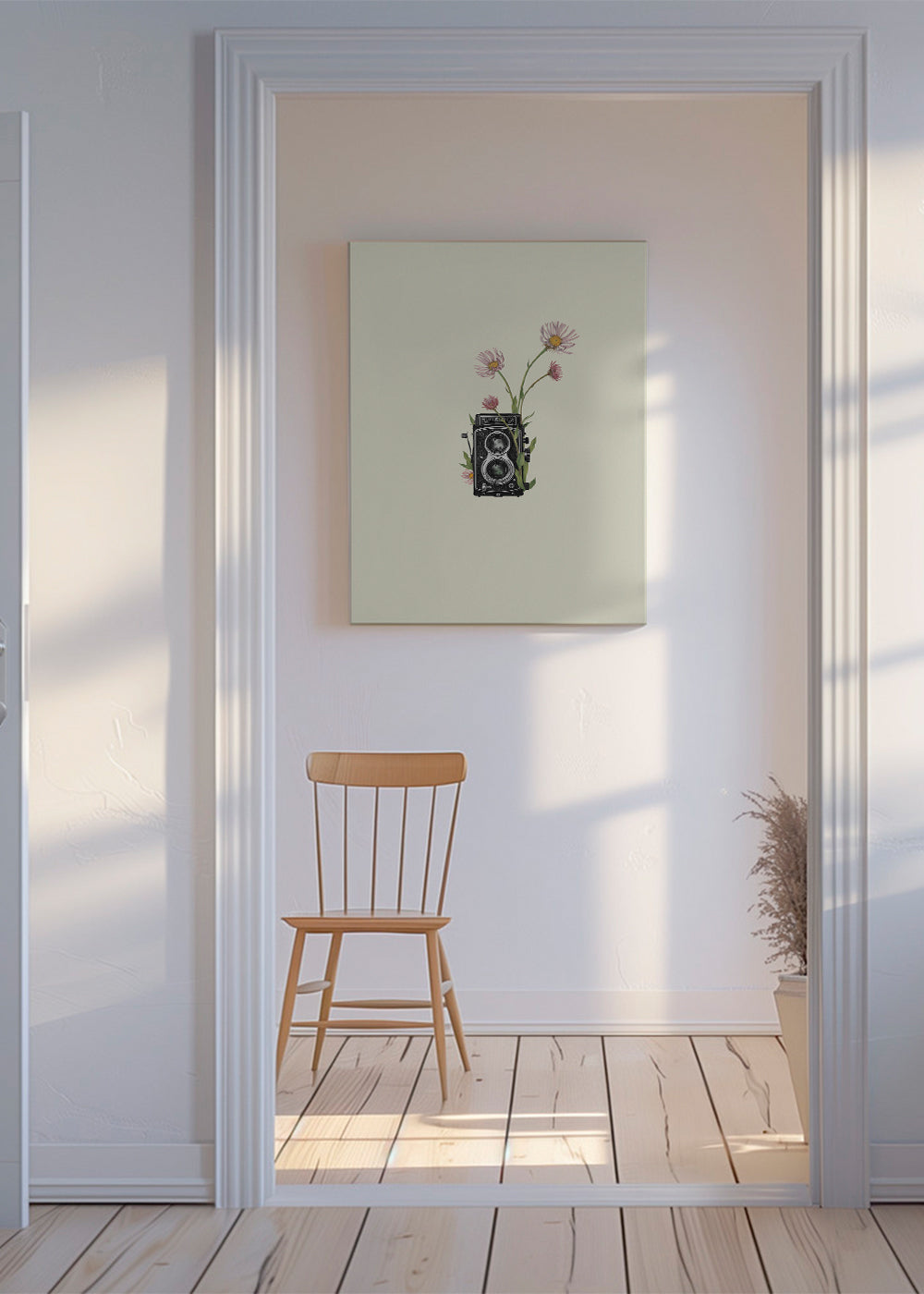 Botanisk plakat med vintage-kamera og tusindfryd