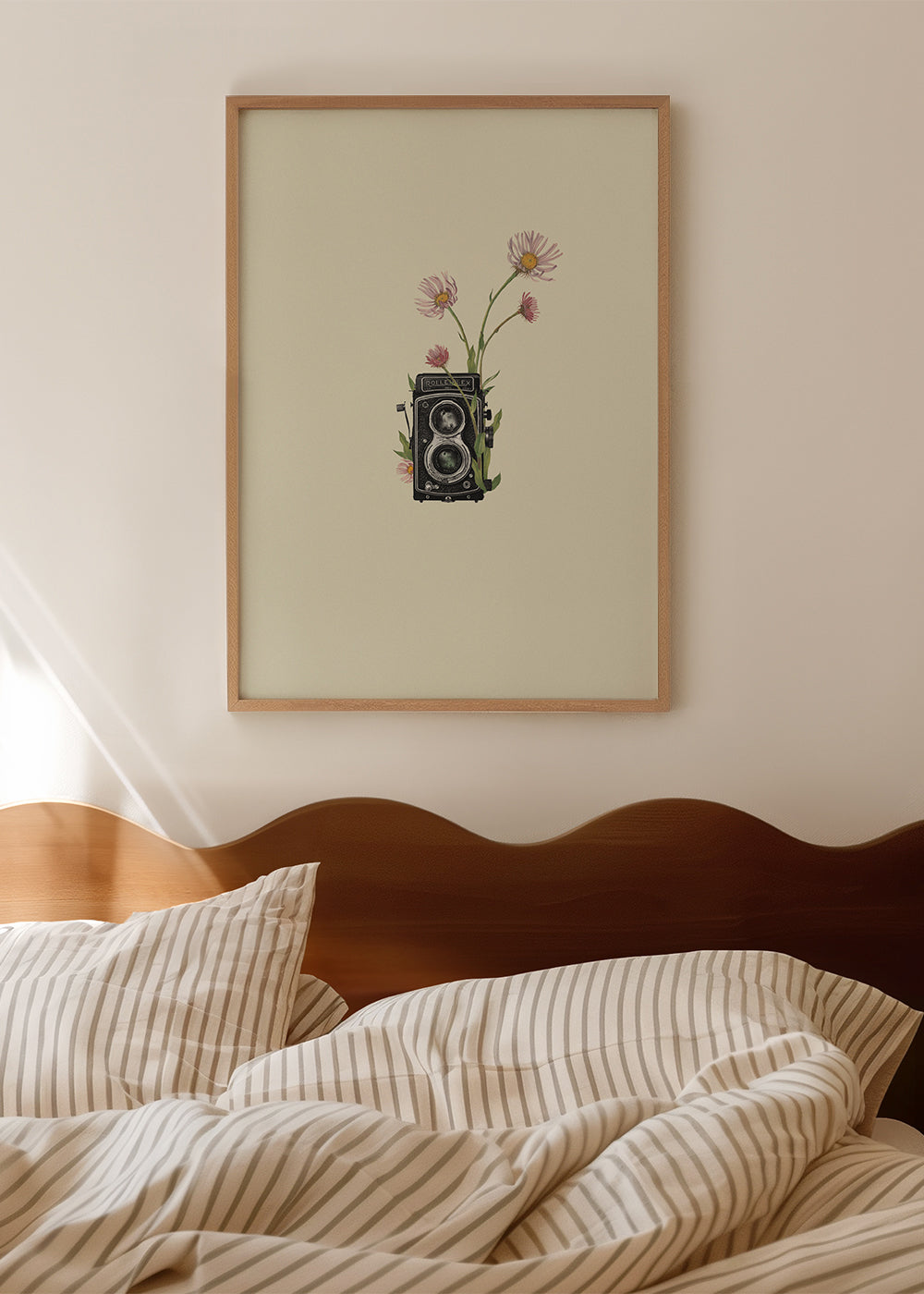 Botanisk plakat med vintage-kamera og tusindfryd
