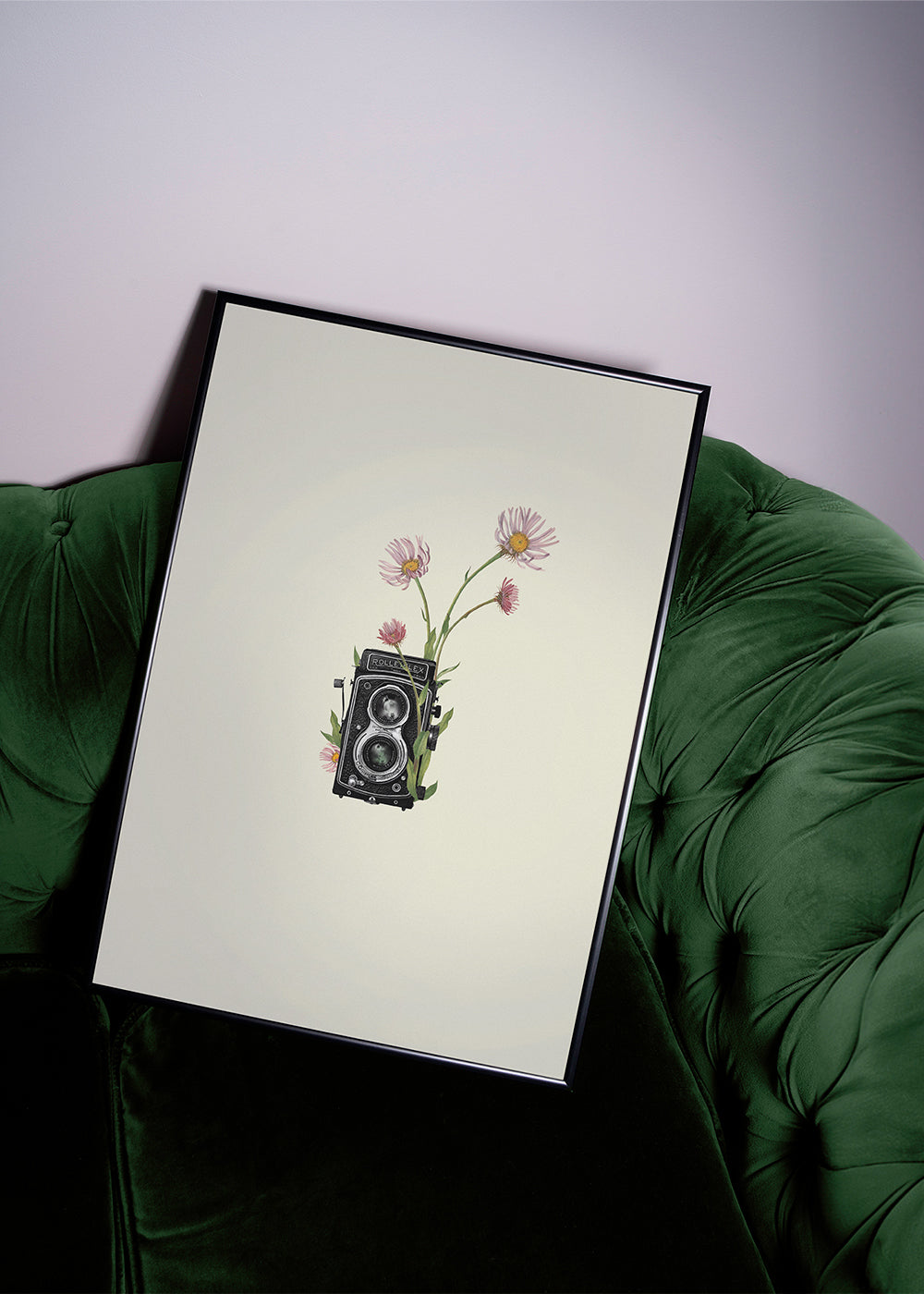 Botanisk plakat med vintage-kamera og tusindfryd