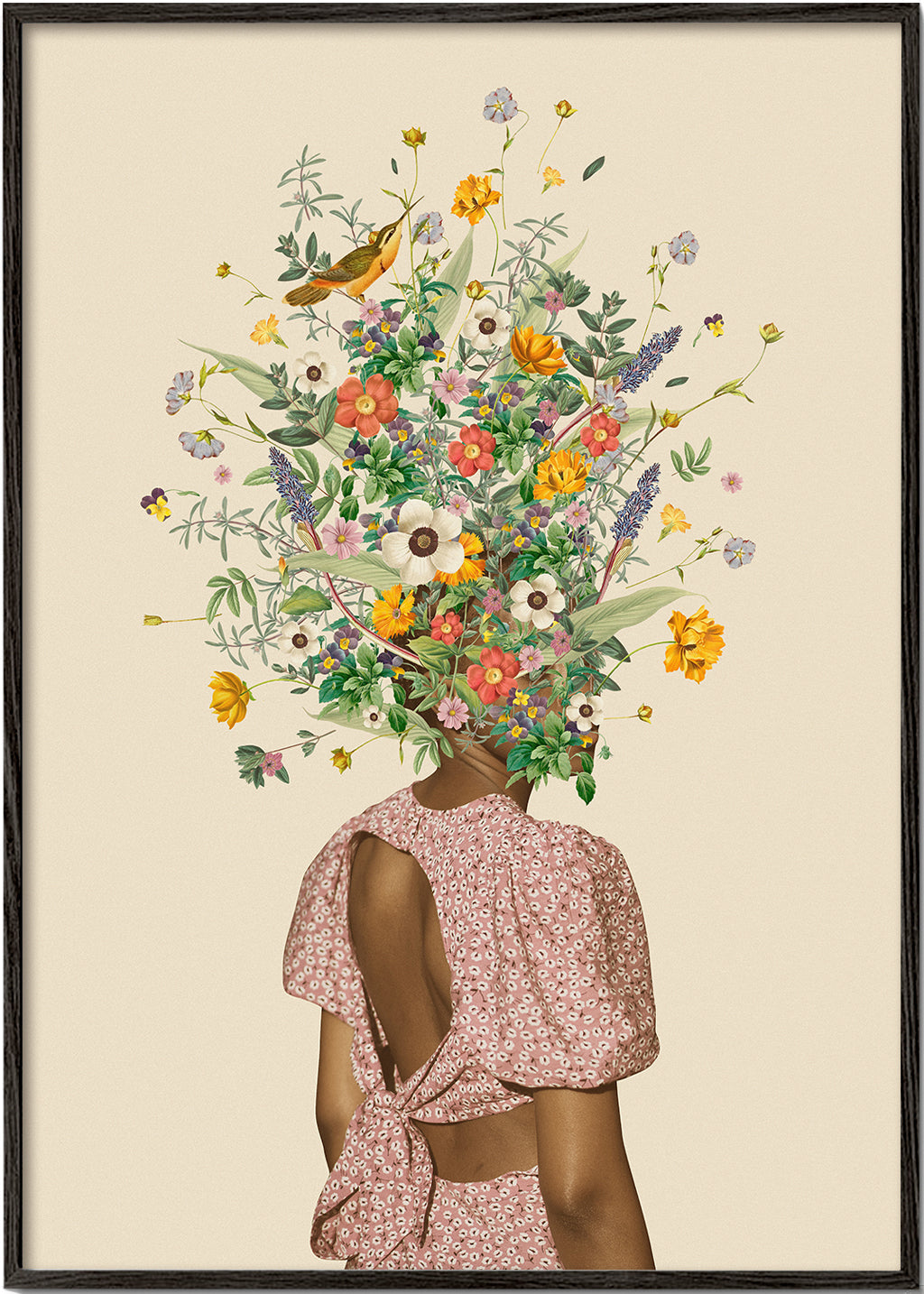 Botanisk plakat med kvinde og blomsterbuket