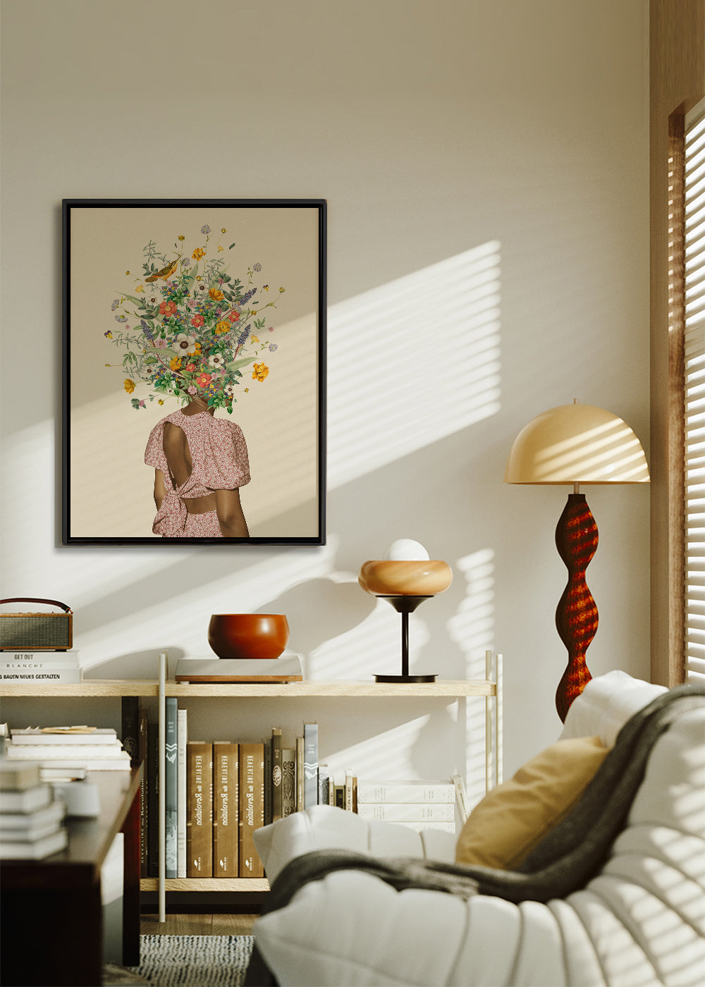Botanisk plakat med kvinde og blomsterbuket