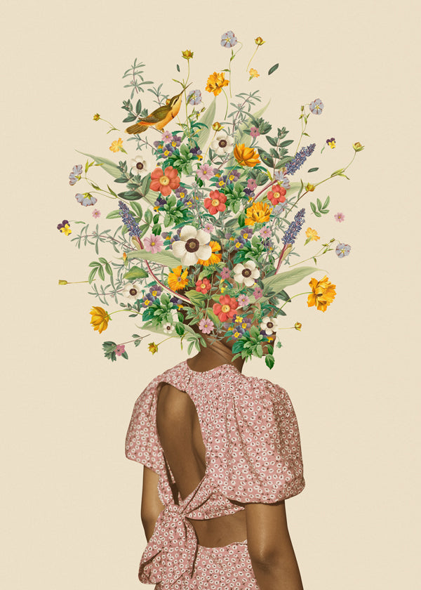 Botanisk plakat med kvinde og blomsterbuket