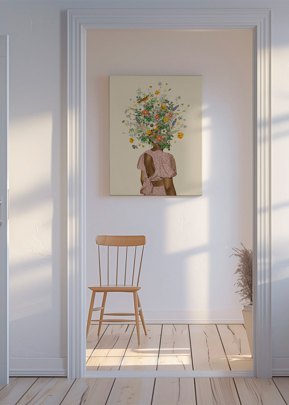 Botanisk plakat med kvinde og blomsterbuket