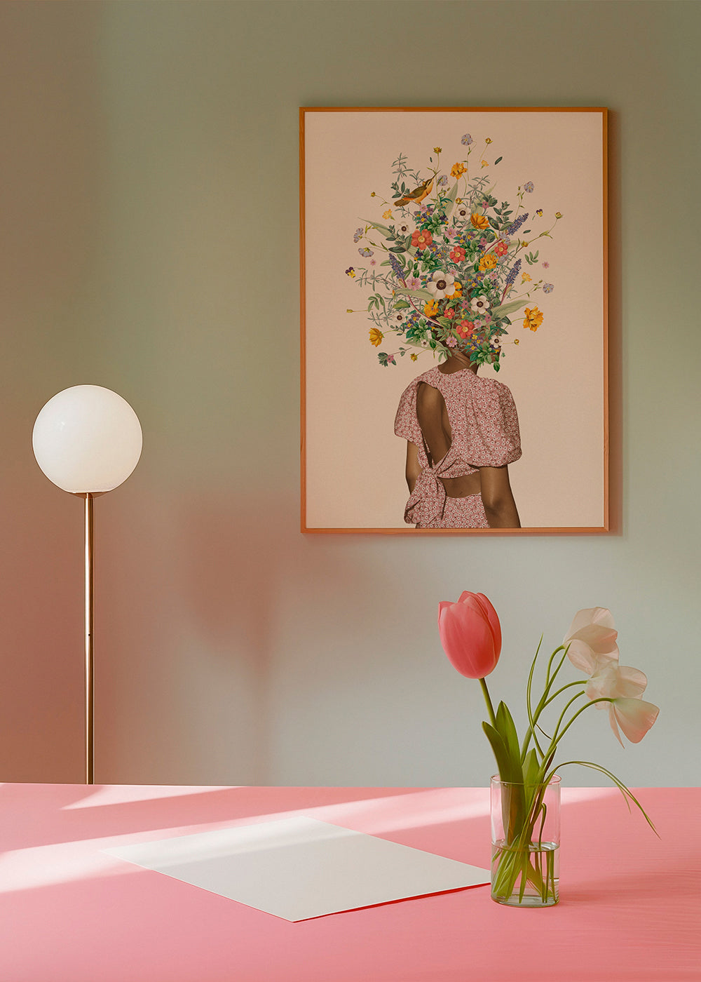 Botanisk plakat med kvinde og blomsterbuket