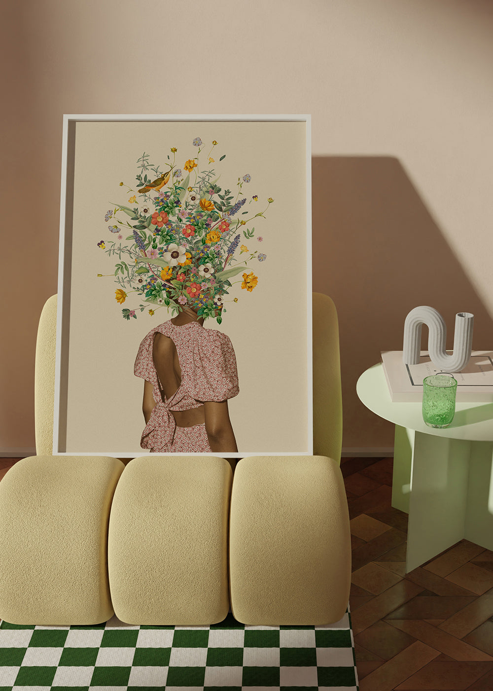 Botanisk plakat med kvinde og blomsterbuket