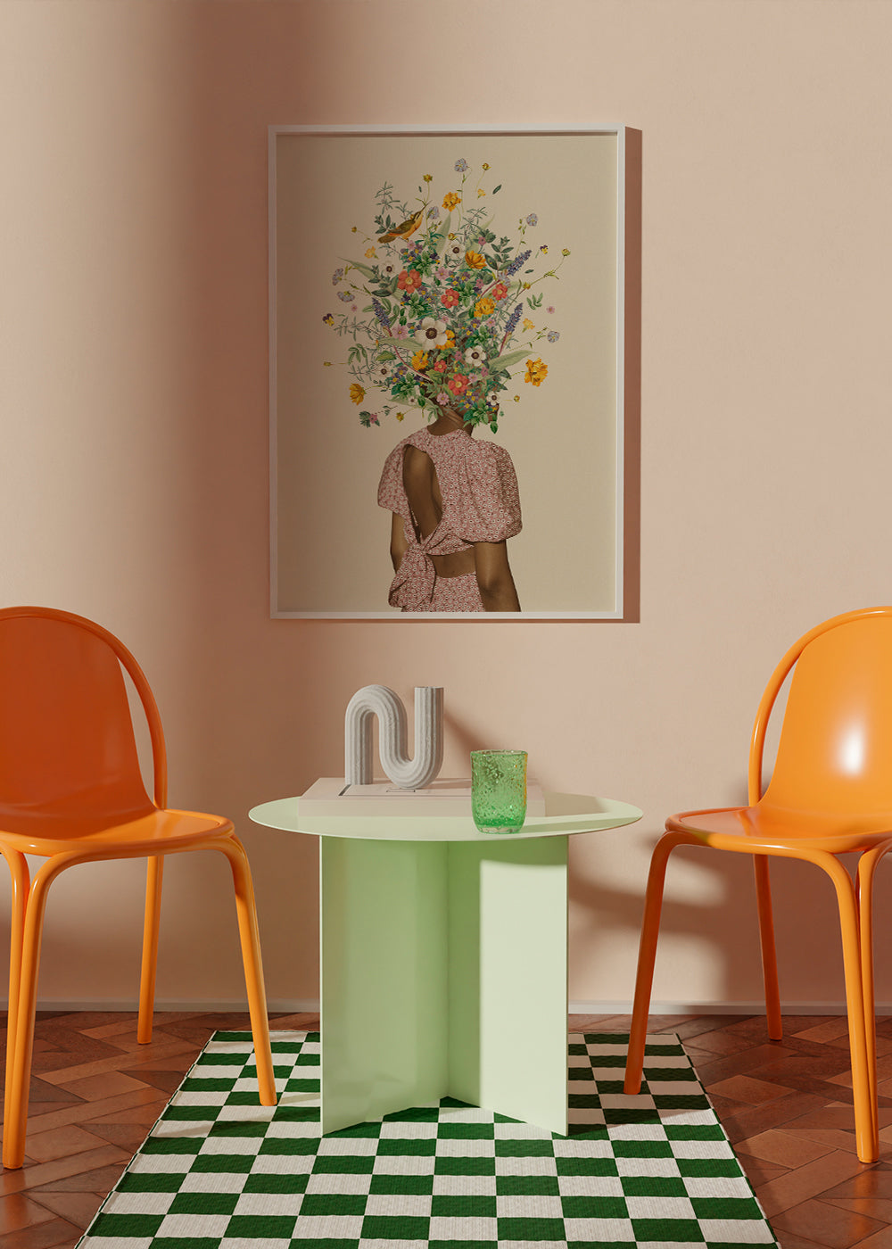 Botanisk plakat med kvinde og blomsterbuket