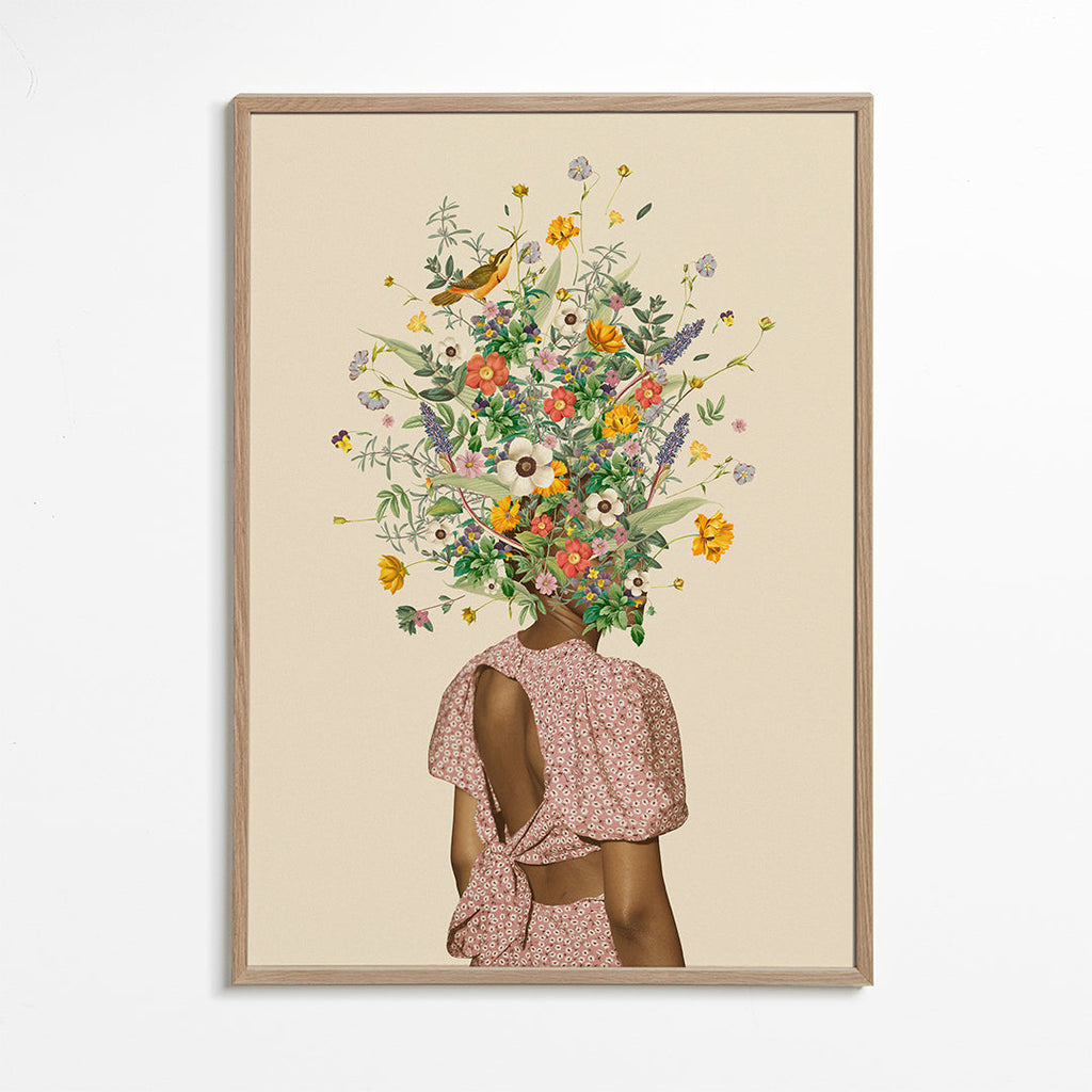 Botanisk plakat med kvinde og blomsterbuket