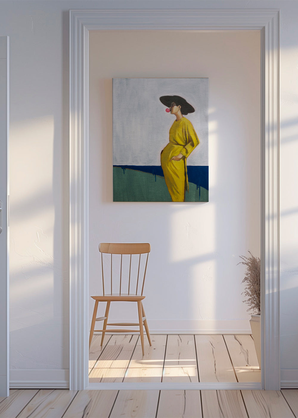 Minimalistisk billede kvinde med gul hat