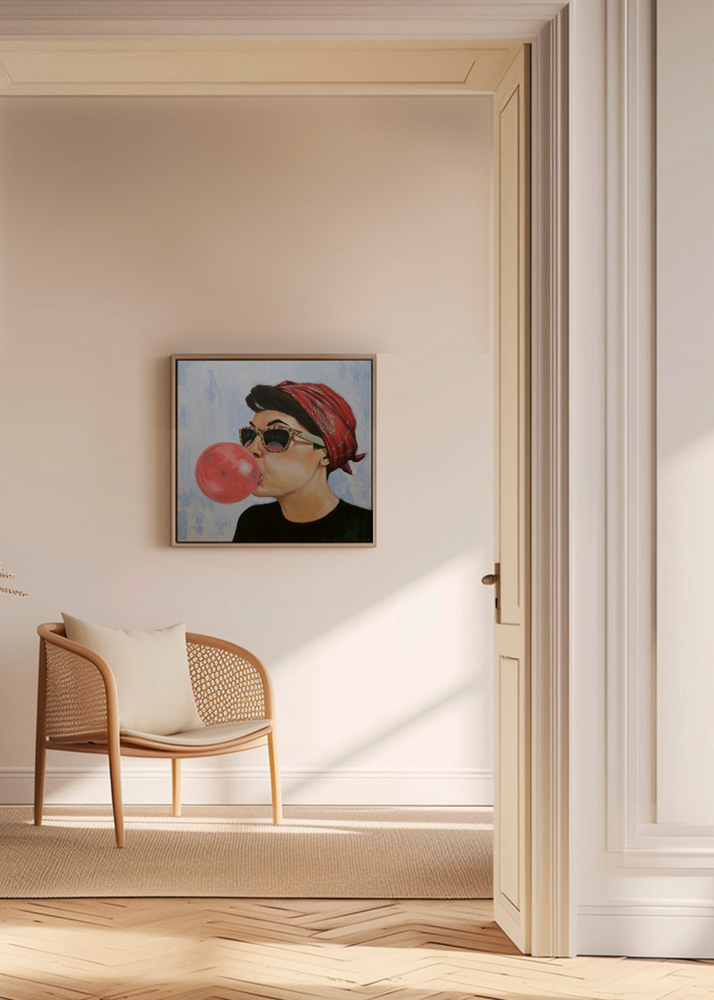 Vintage plakat kvinde med solbriller og tyggegummi