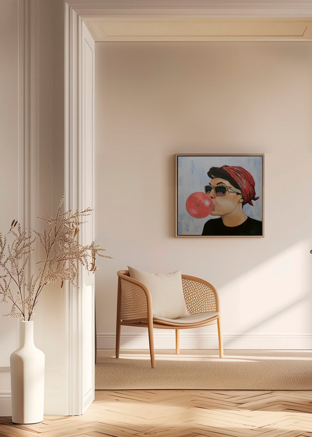 Vintage plakat kvinde med solbriller og tyggegummi