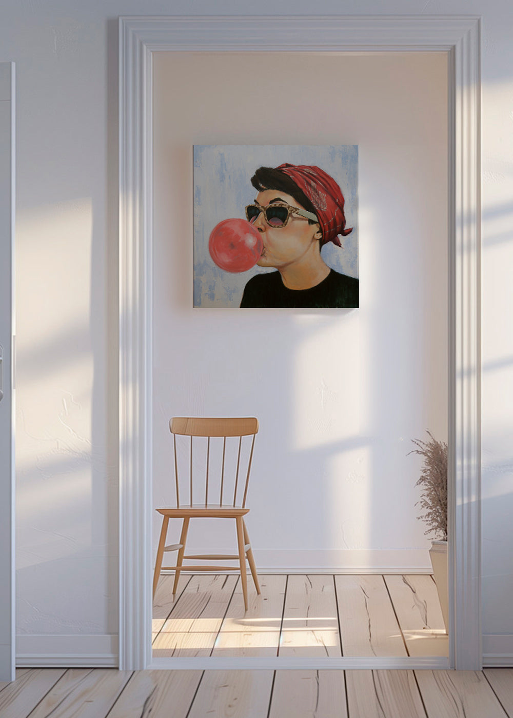Vintage plakat kvinde med solbriller og tyggegummi