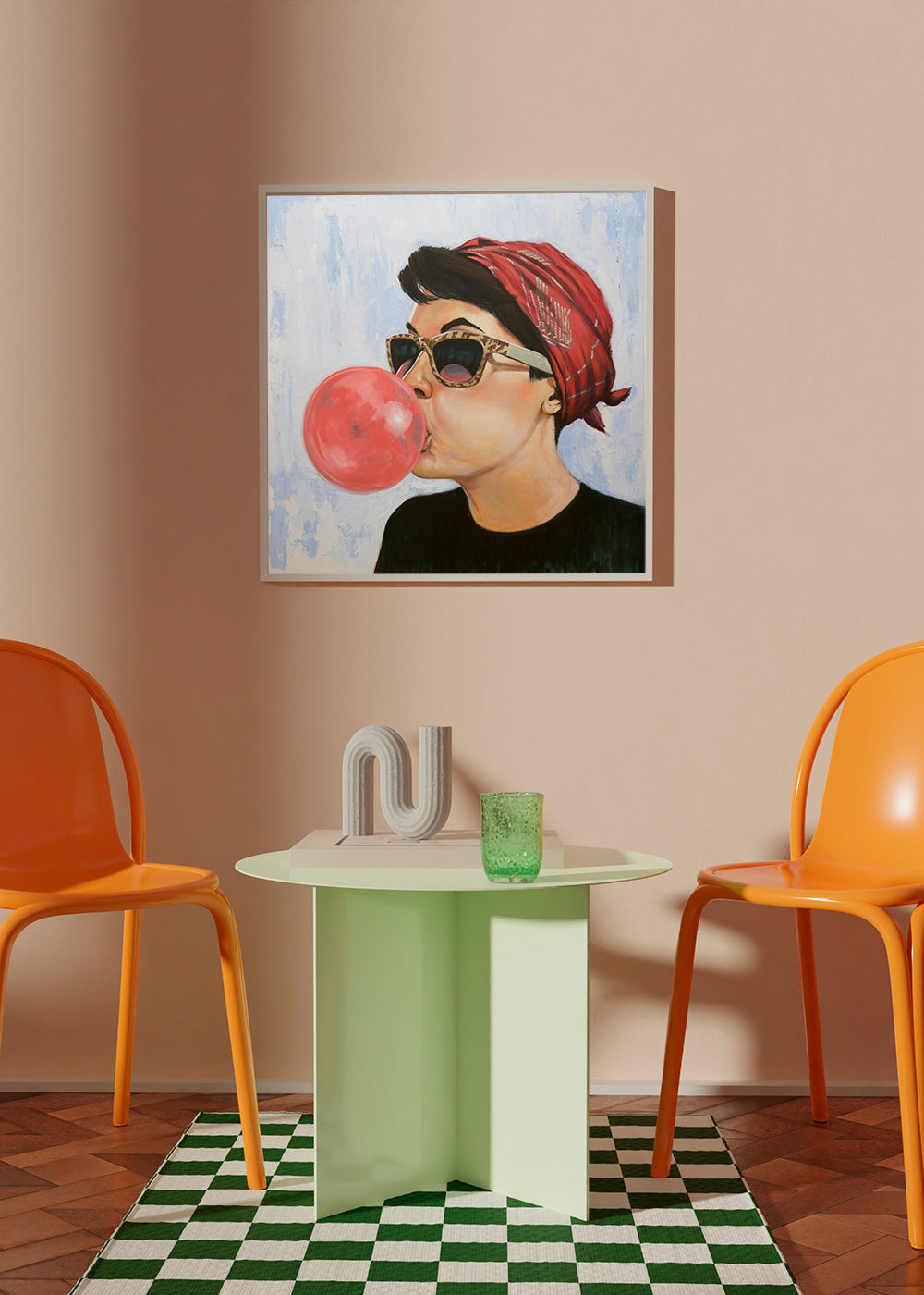 Vintage plakat kvinde med solbriller og tyggegummi