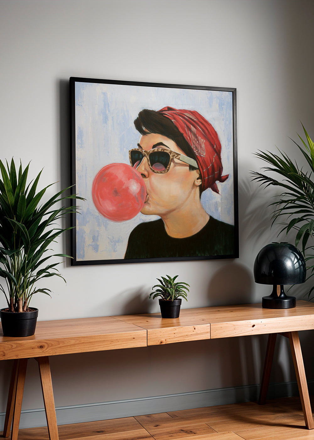 Vintage plakat kvinde med solbriller og tyggegummi