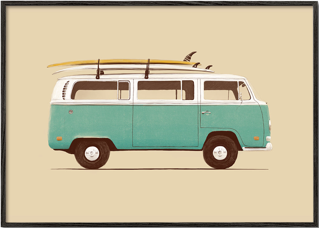 Vintage poster turkis campervan med surfbrædder