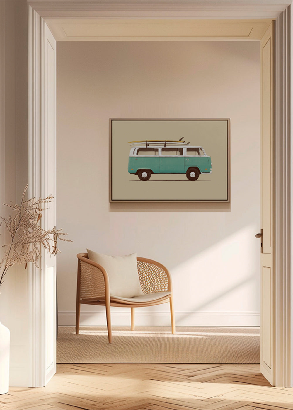 Vintage poster turkis campervan med surfbrædder