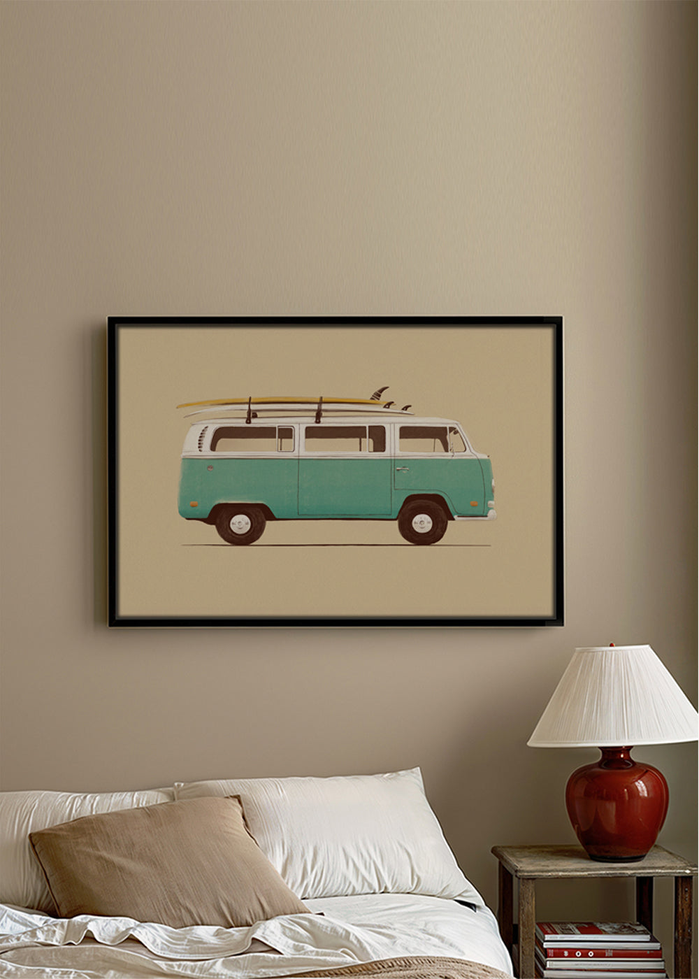 Vintage poster turkis campervan med surfbrædder