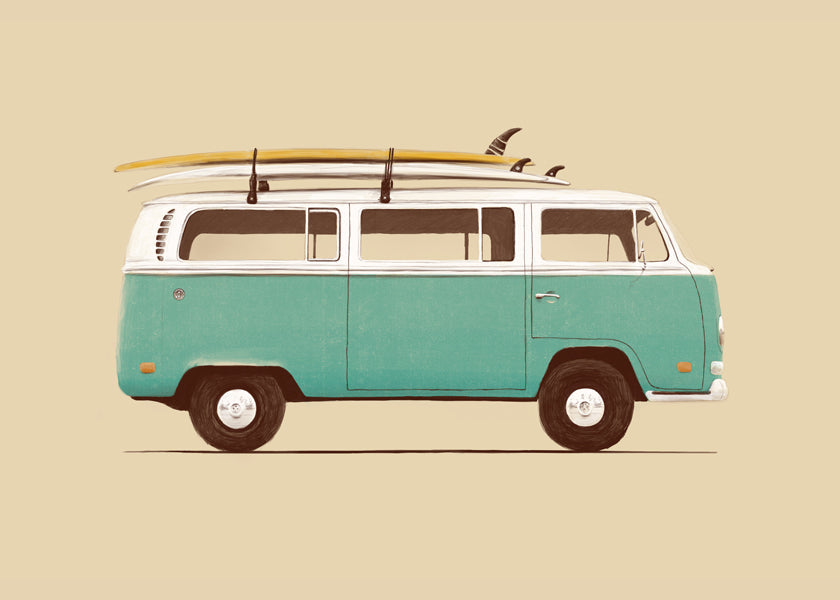 Vintage poster turkis campervan med surfbrædder