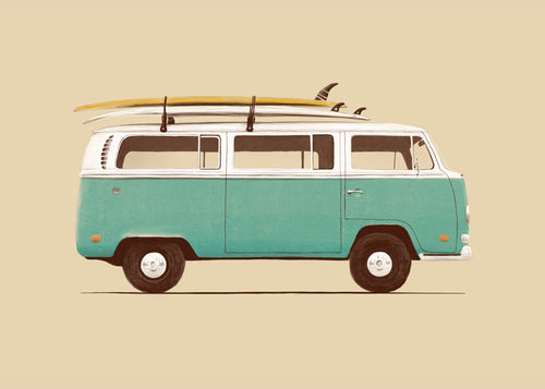 Vintage poster turkis campervan med surfbrædder