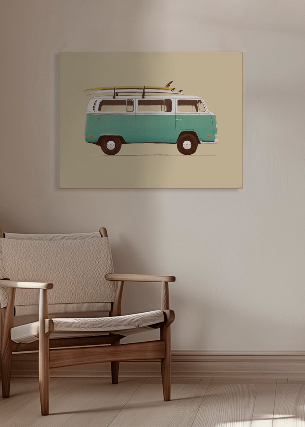 Vintage poster turkis campervan med surfbrædder