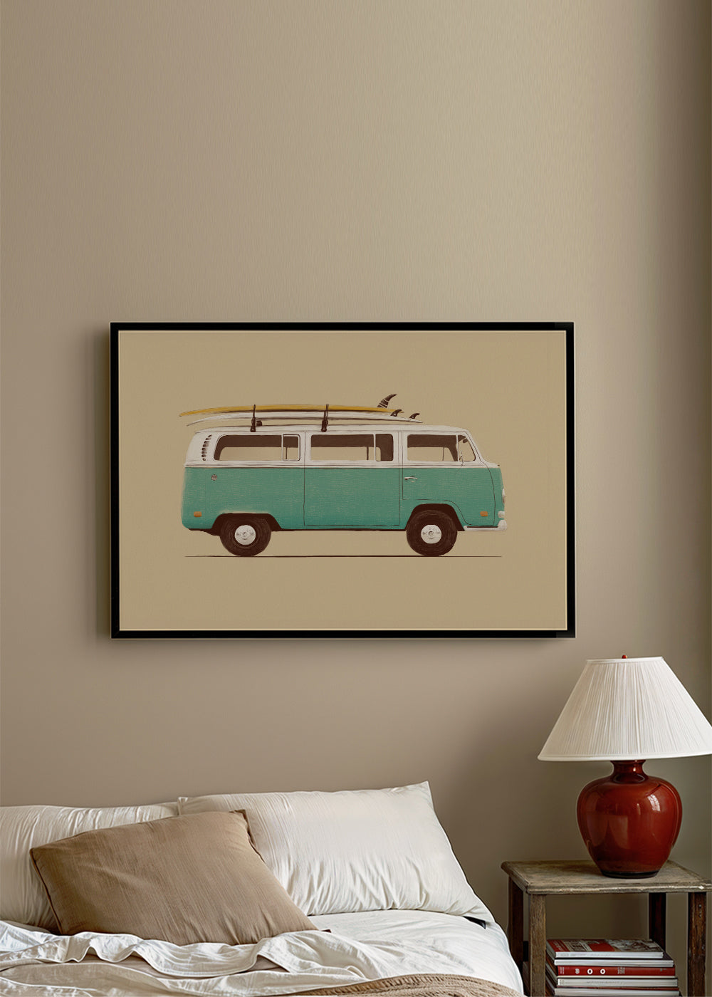 Vintage poster turkis campervan med surfbrædder