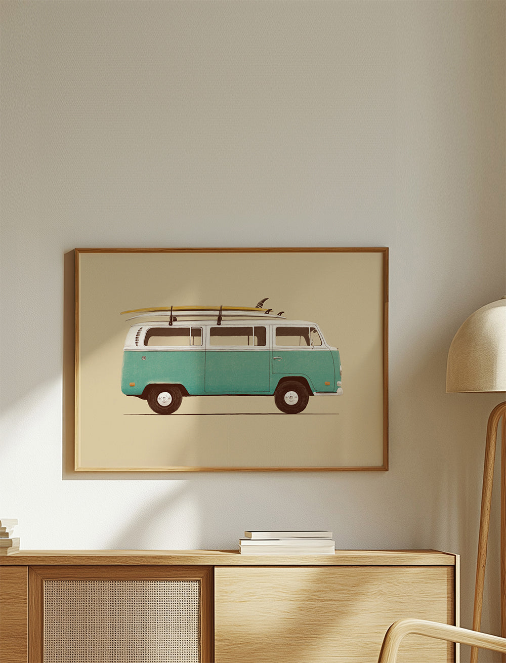 Vintage poster turkis campervan med surfbrædder