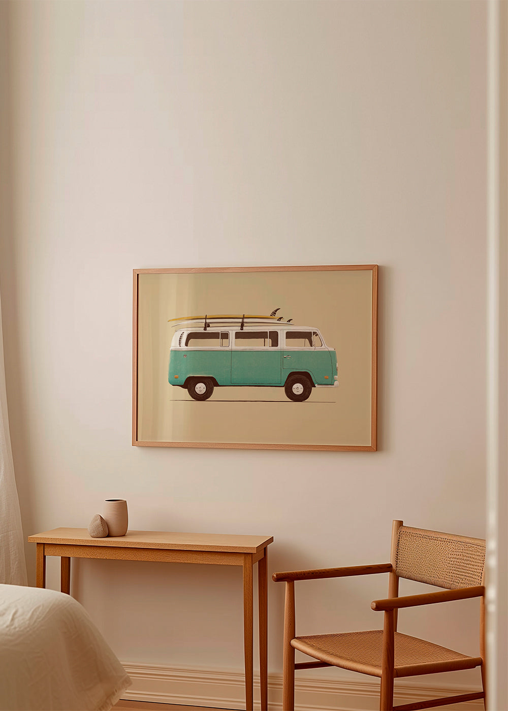 Vintage poster turkis campervan med surfbrædder