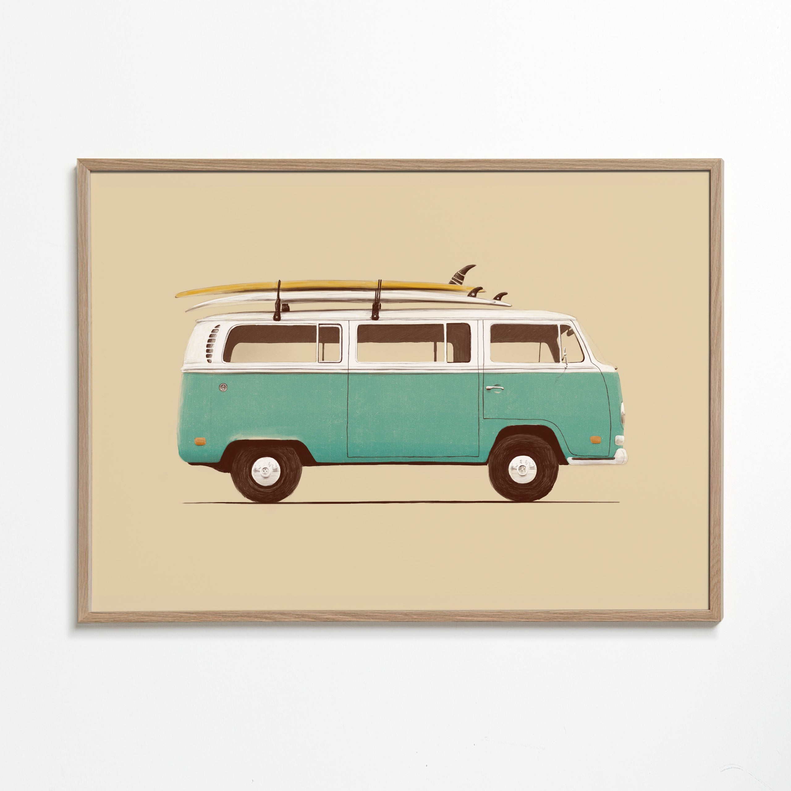 Vintage poster turkis campervan med surfbrædder