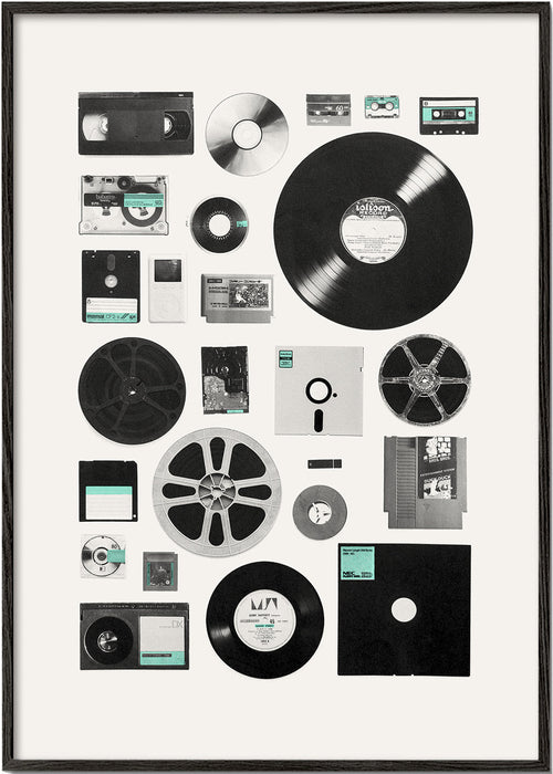 Vintage plakat med musikmedier i collage