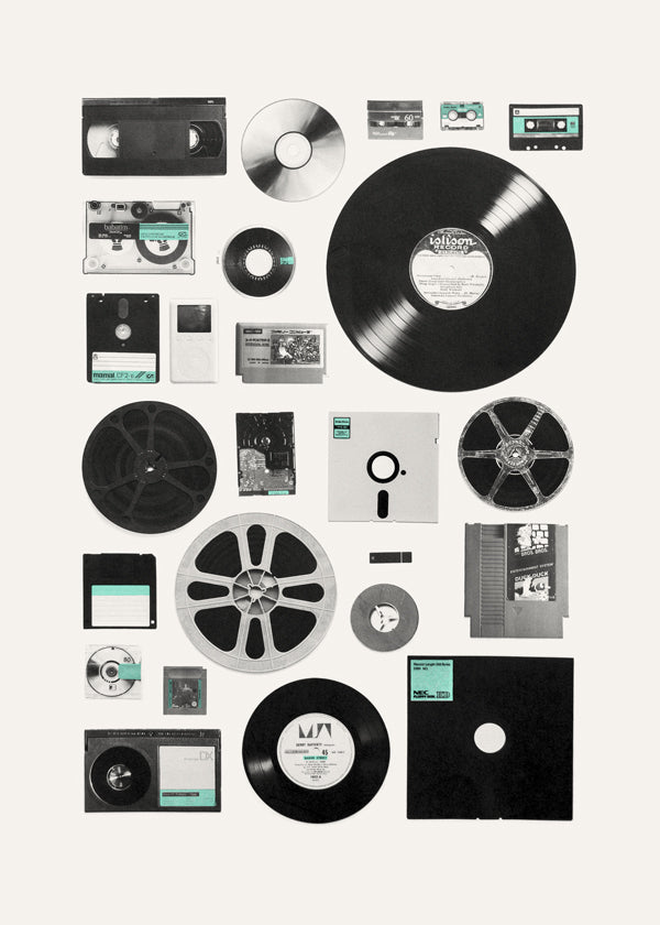 Vintage plakat med musikmedier i collage
