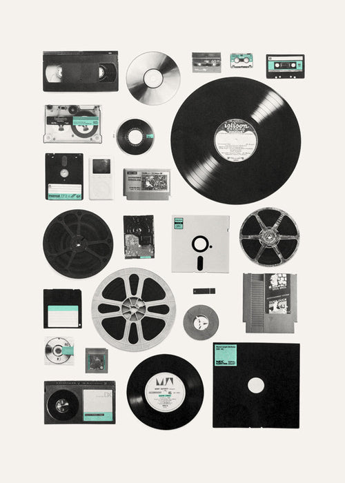 Vintage plakat med musikmedier i collage