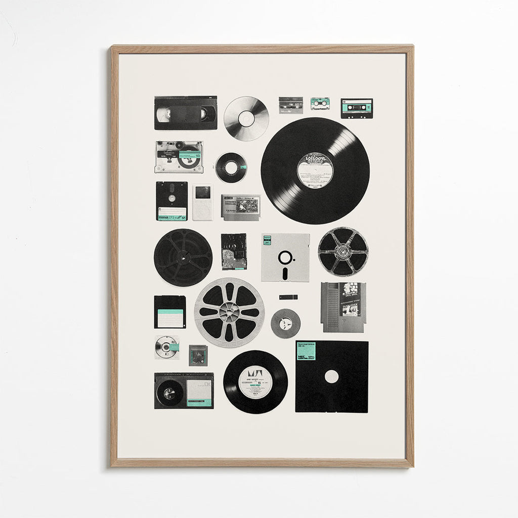 Vintage plakat med musikmedier i collage
