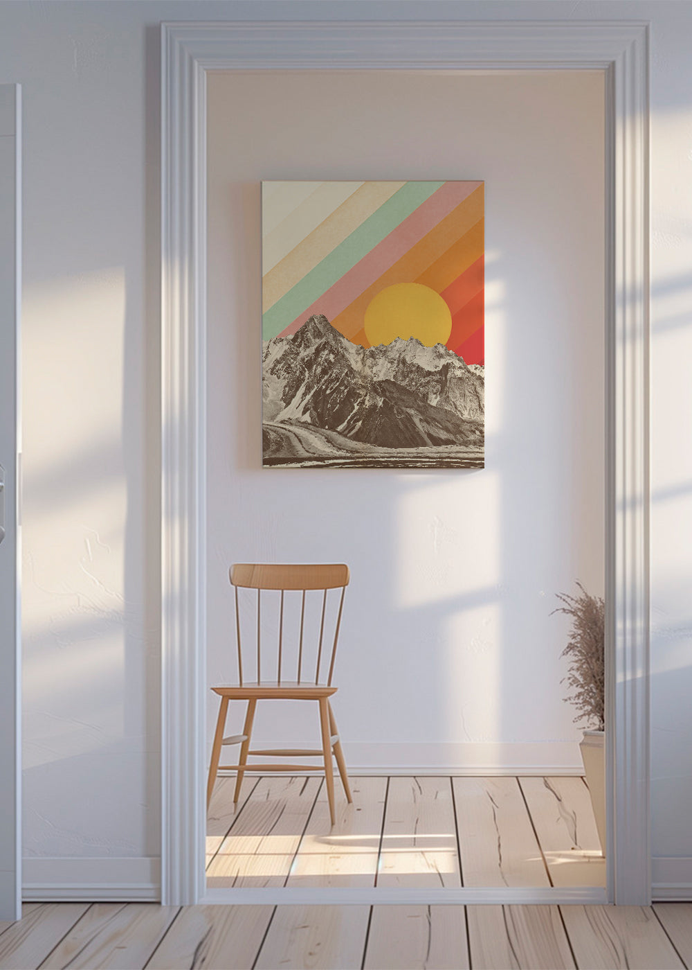 Vintage landskab med geometrisk sol