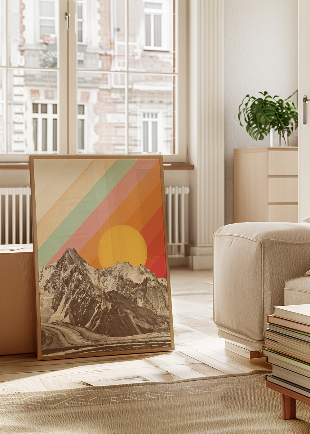 Vintage landskab med geometrisk sol