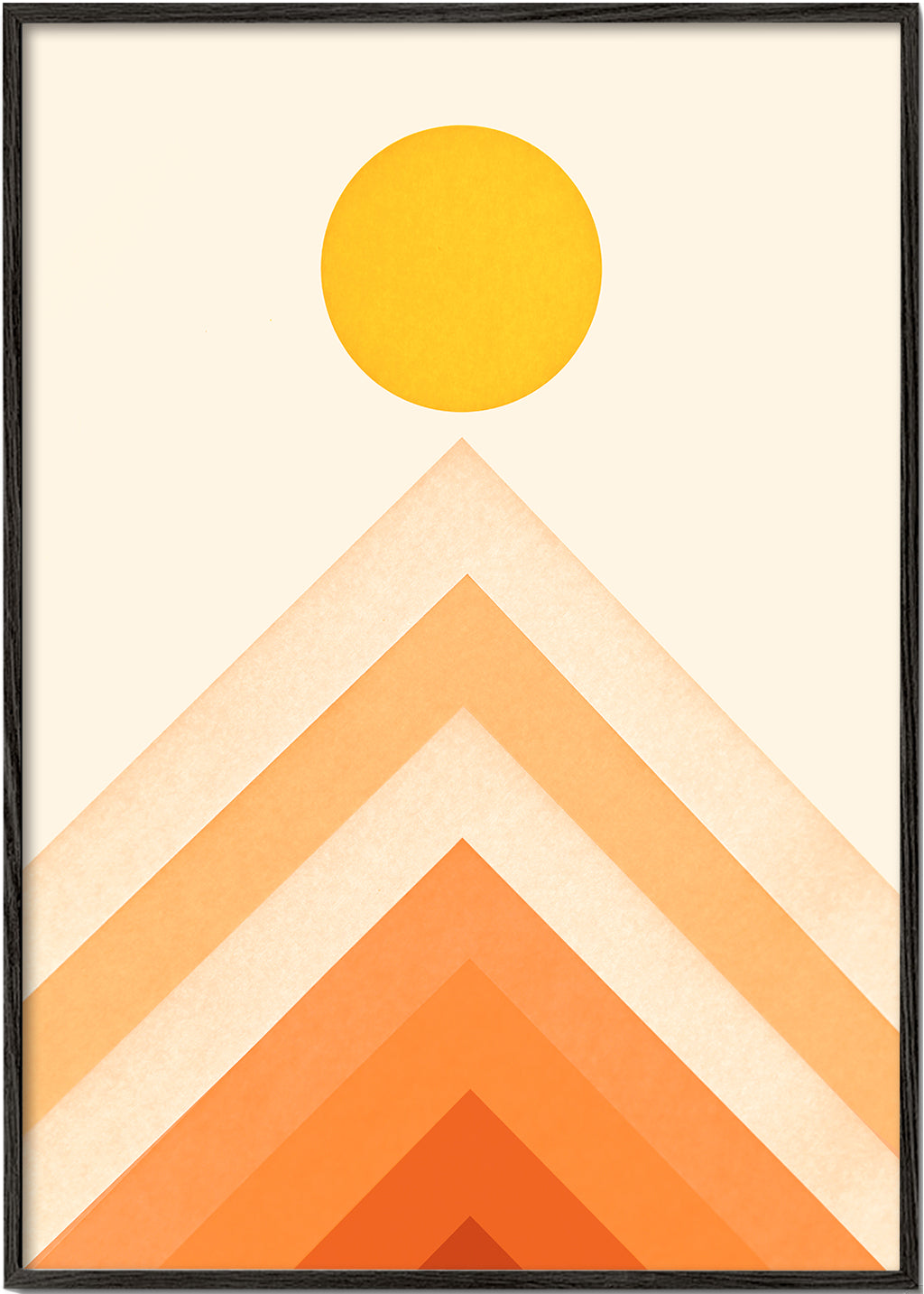 Geometrisk plakat med sol og minimalistiske tinder