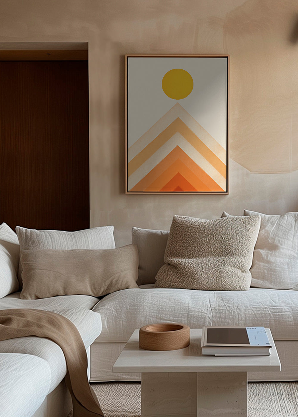 Geometrisk plakat med sol og minimalistiske tinder
