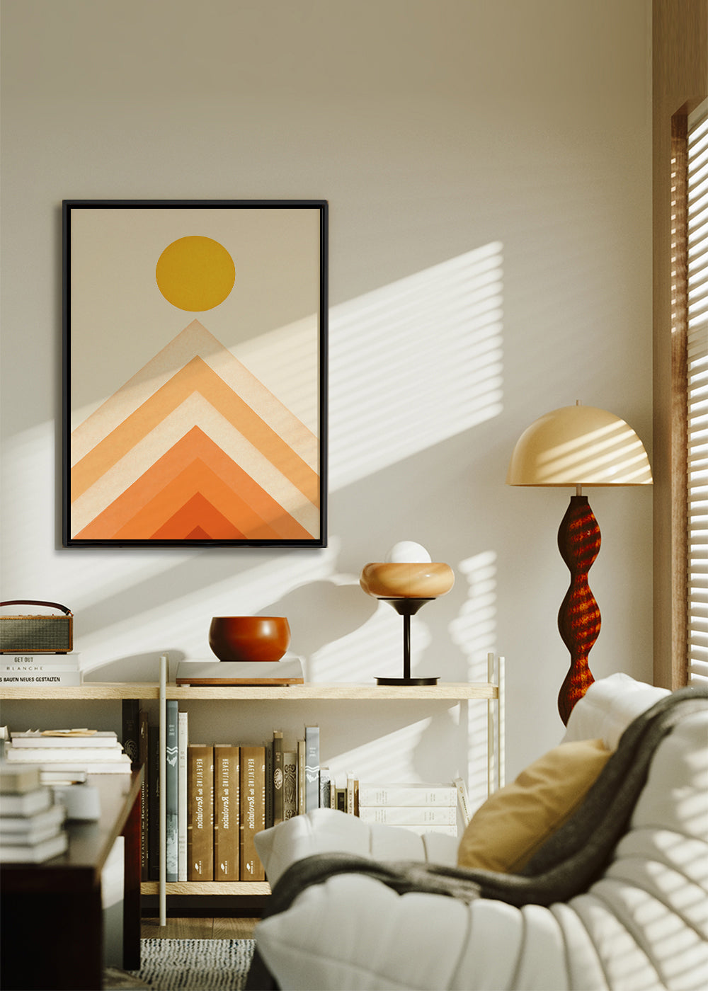 Geometrisk plakat med sol og minimalistiske tinder