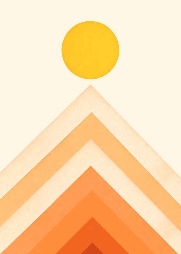 Geometrisk plakat med sol og minimalistiske tinder
