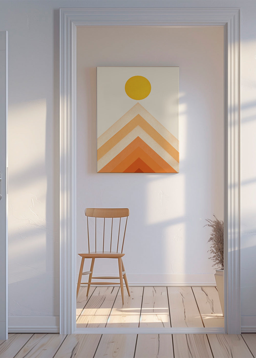Geometrisk plakat med sol og minimalistiske tinder